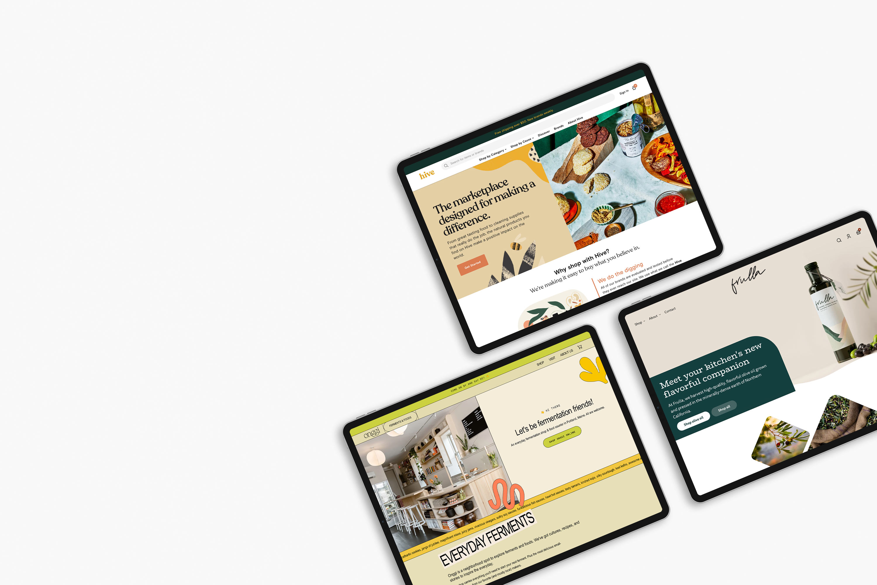 3 ipads, each with a screenshot of the homepage from different websites built by Coquelicot