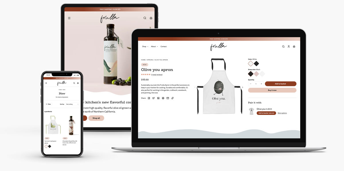 An iPad, an iPhone, and a MacBook, each showing three different pages of the Frulla demo store for the Whisk theme